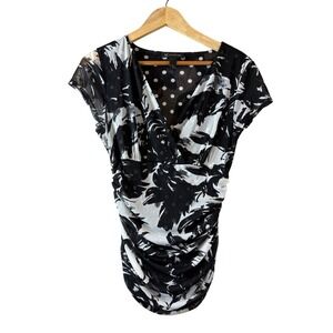 INC Black White Floral Sheer Mesh Ruched Top XL Y2K Whimsygoth